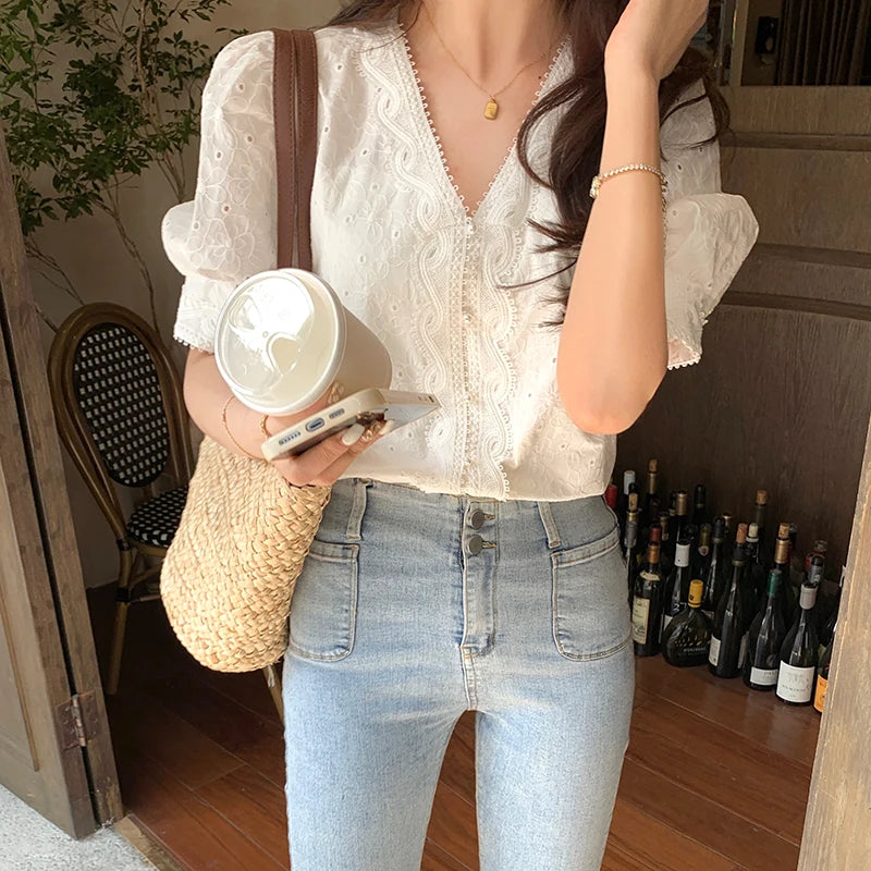 LaceWhisper Button Blouse