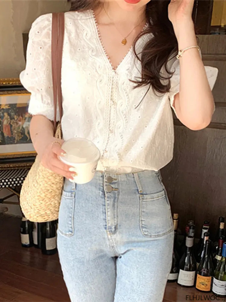 LaceWhisper Button Blouse